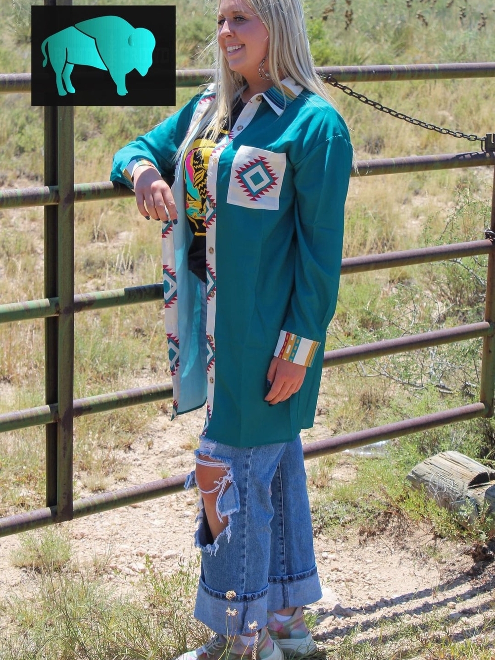 ROWDY CROWD CLOTHING Dutton Teal Aztex Midi Dress Or Duster Plus Size XXL - Picture 10 of 12